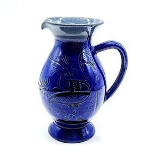 Handmade Cobalt Blue Etched Fowl Ceramic Creamer Pitcher